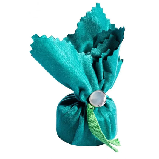 A package of AB Cello Rosin, wrapped in green cloth with a ribbon tie and a small white button.