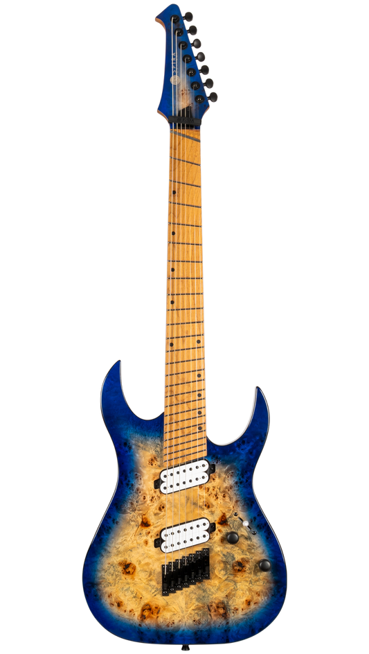 Spira S457 7-String Multiscale Electric Guitar, Trans Blue Burst