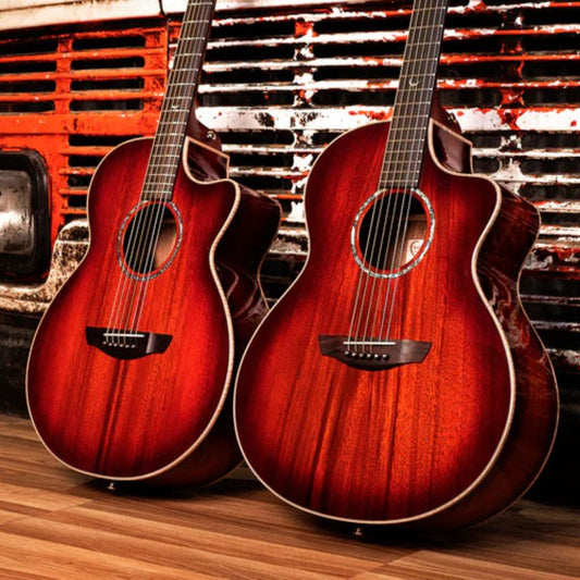Two Faith Guitars Blood Moon against metal grill