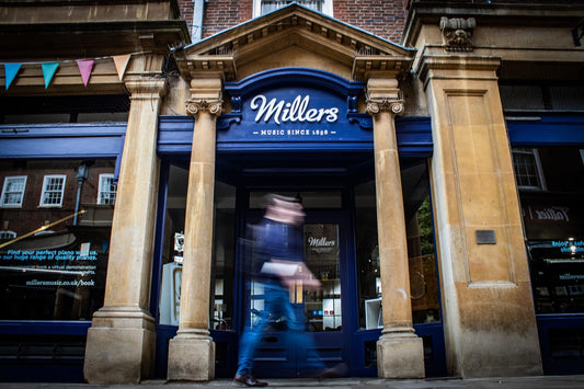 Millers Music Exterior Store front on Sussex St with Man Walking Past