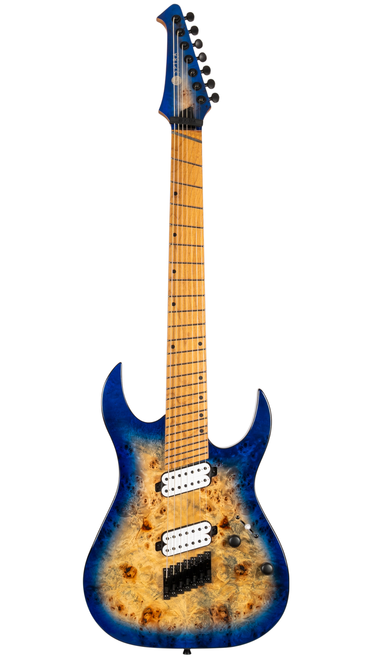 Spira S457 7-String Multiscale Electric Guitar, Trans Blue Burst